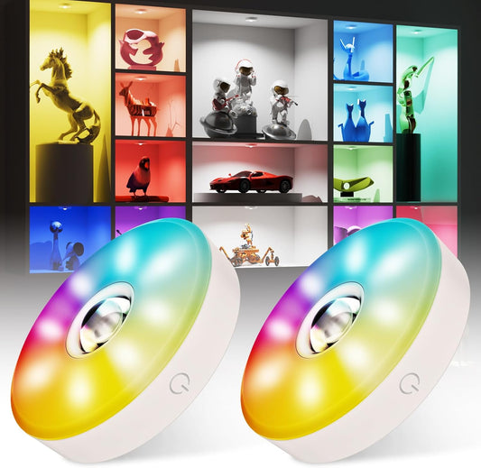 Rechargeable Puck Lights with Remote Control, 12 Color Changing Under Cabinet Lighting, Wireless RGB tv Led lights for bedroom & Closet, Dimmable Magnetic under counter lights for kitchen, Shelf,Party