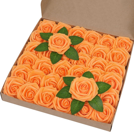 BLEUM CADE 36Pcs Artificial Flowers Fake Roses with Stems, Orange Boxed Foam Roses for DIY Bouquets Centerpieces Wedding Party Arrangement Bridal Shower Decor