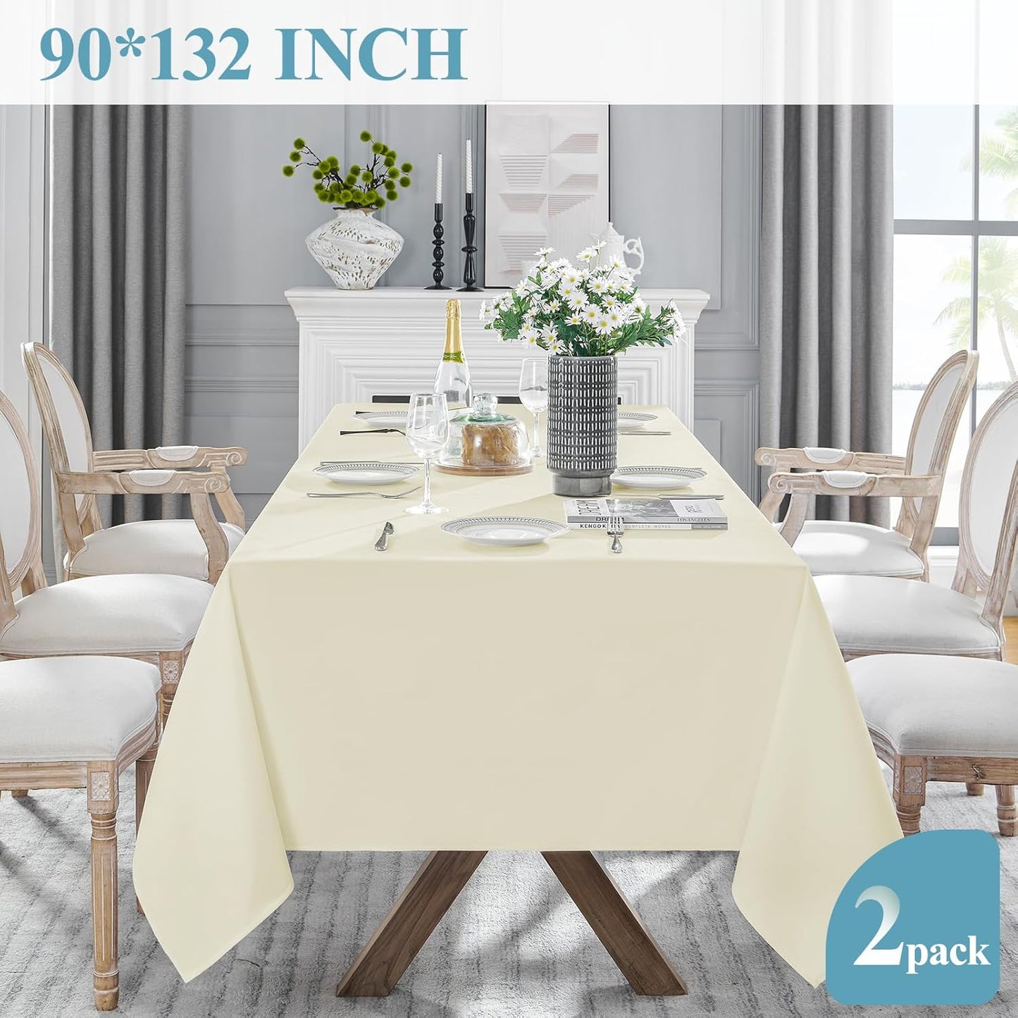 VidaFete Tablecloth 2 Pack 90 * 132inch Rectangle Table Cloth Polyester, Stain Wrinkle Resistant Polyester Dining Table Cover for Kitchen Dinning Party Wedding Rectangular Buffet Decoration(Ivory)