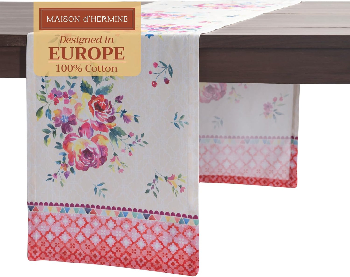 Maison d' Hermine Table Runner 100% Cotton Single Layer Table Runners 108 inches Long Decorative for Home Kitchen Dining Party Wedding Bridal Shower Spring Summer (Rose Garden, 14.50" x 108")