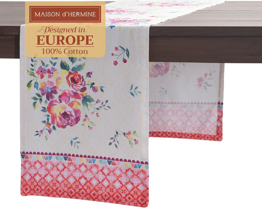Maison d' Hermine Table Runner 100% Cotton Single Layer Table Runners 108 inches Long Decorative for Home Kitchen Dining Party Wedding Bridal Shower Spring Summer (Rose Garden, 14.50" x 108")