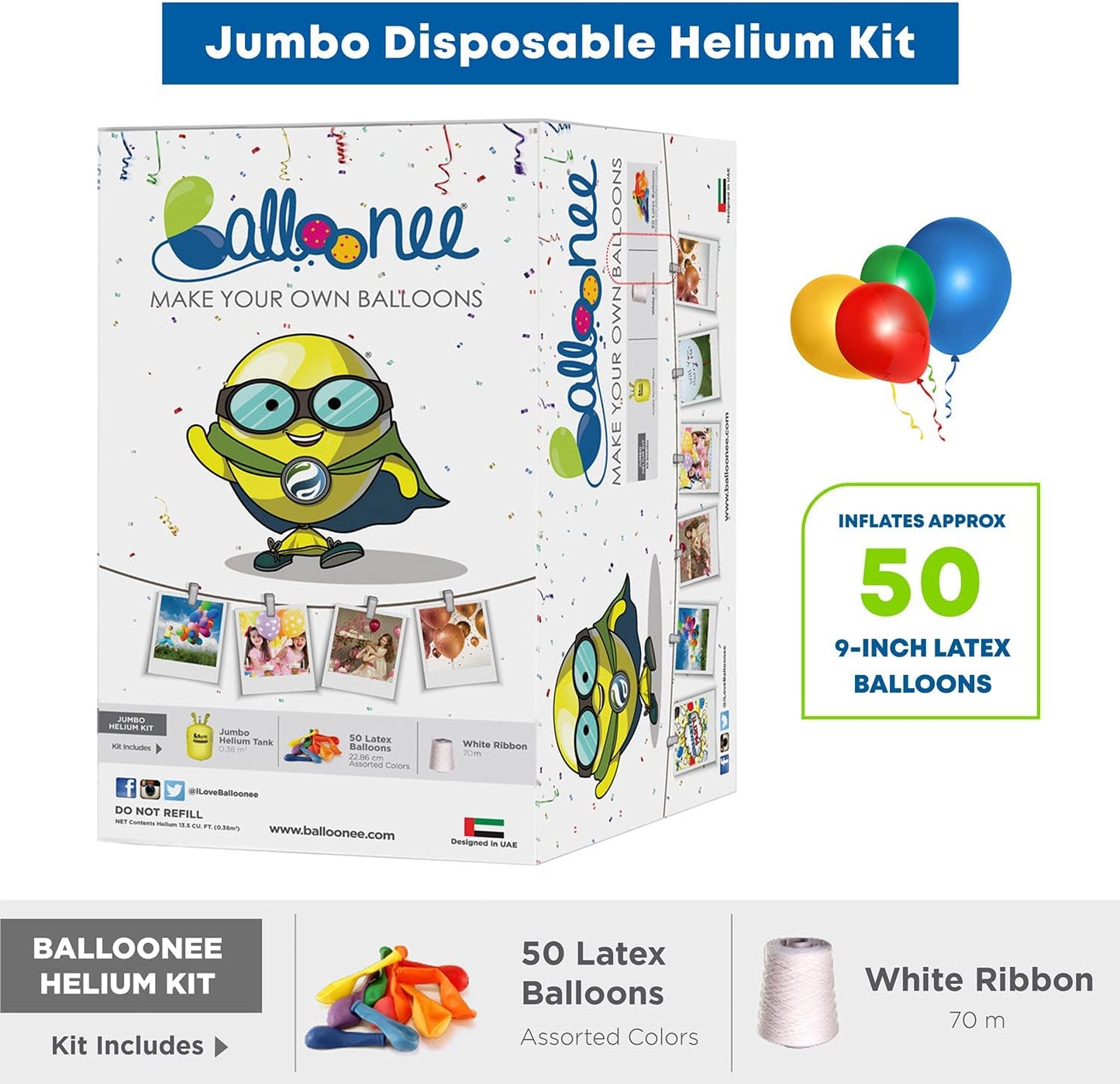 Jumbo Disposable Helium Party Kit, Helium Tank for Balloons At Home, 13.5 Cu Ft Helium Balloon Pump Kit with 50 Assorted Latex Balloons, Helium Tank, Portable for Celebrations