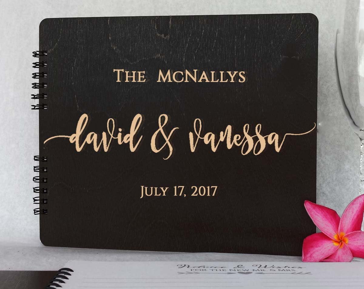 Wooden Wedding Guest Book (8.5"x7", Burnt Cocoa Stain) Personalized Wood Rustic Charm Bride Groom Vintage Anniversary Bridal Guest Registry Guestbook Made in USA