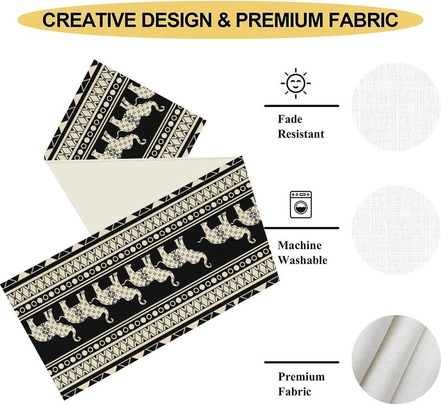 Ethnic Table Runner, Rustic Farmhouse Boho Geometric Elephant Aztec Tribal Print Black Table Center Decor for Home Kitchen Dining Patio Holiday Party Indoor Outdoor Table Decorations, 13"x72" Inch