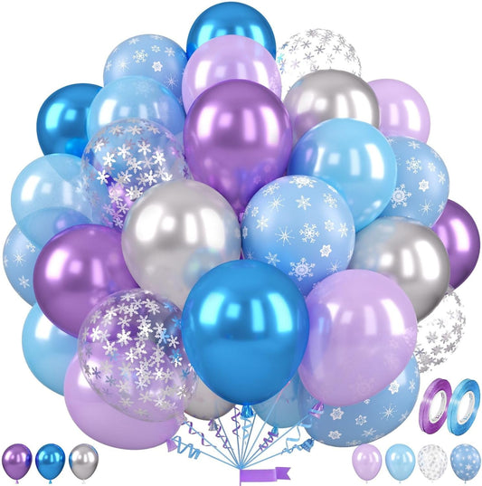 Frozen Balloons, 12 Inch Blue and Purple Balloons, Metallic Silver Blue Frozen Print Snowflake Confetti Balloon for Girls Woman Ice and Snow Winter Theme Birthday Party Decorations