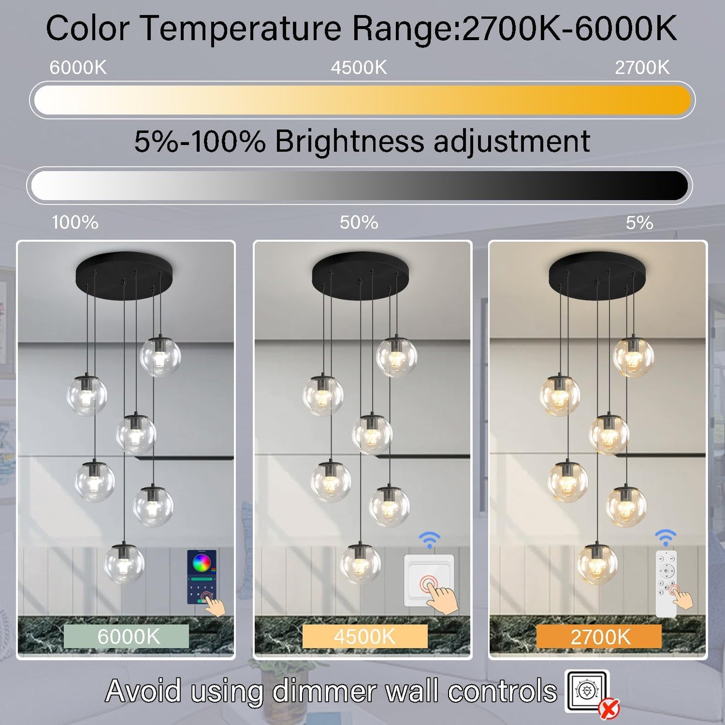 H 87in Modern Glass Globe Chandelier 6-Lights Glass Pendant Light for Staircase Black Globe Chandelier Clear Glass Hanging Lighting for Living Room Bedroom Entryway