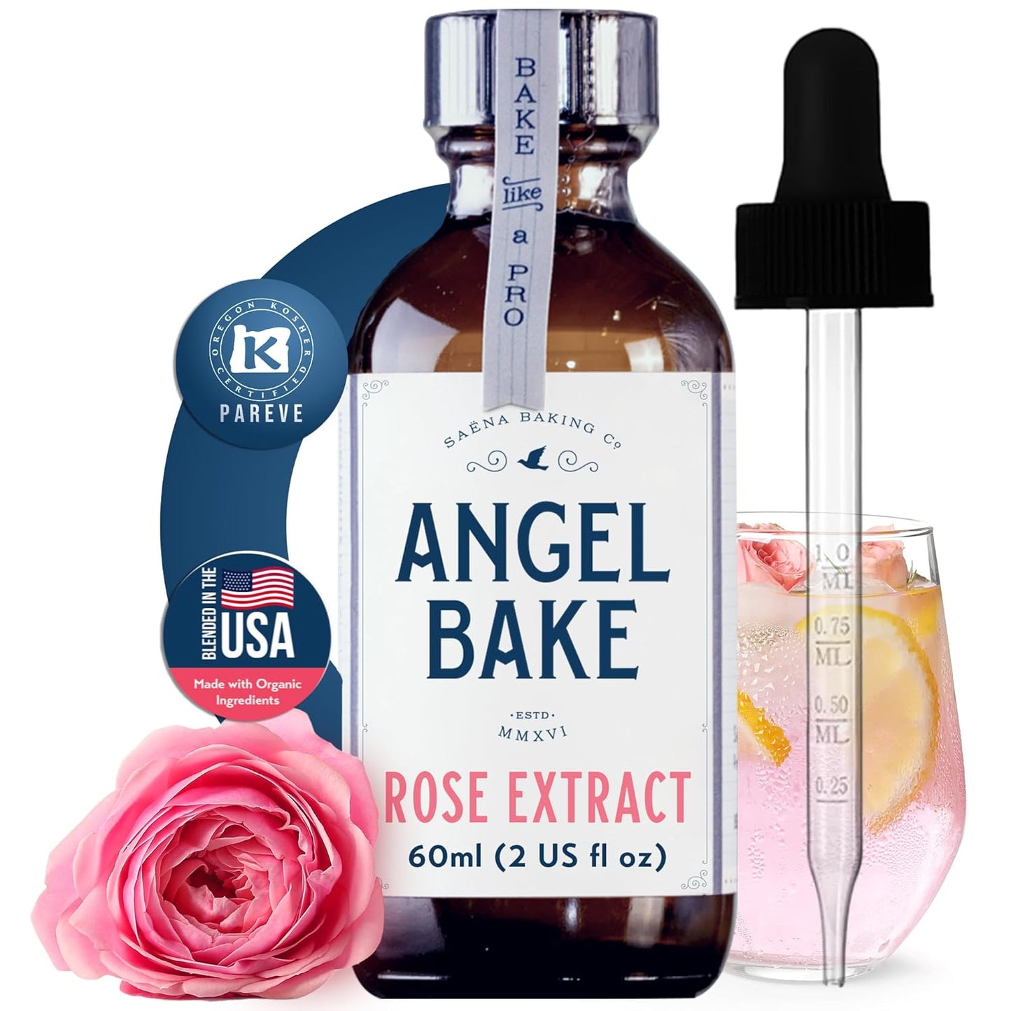 Pure Rose Extract for Baking & Mixology - Culinary Grade Rose Essence and Flavoring - Kosher, Keto Friendly, Vegan, Gluten-Free for Desserts, Beverages & Recipes (2 Oz Extract with Latex-Free Dropper)