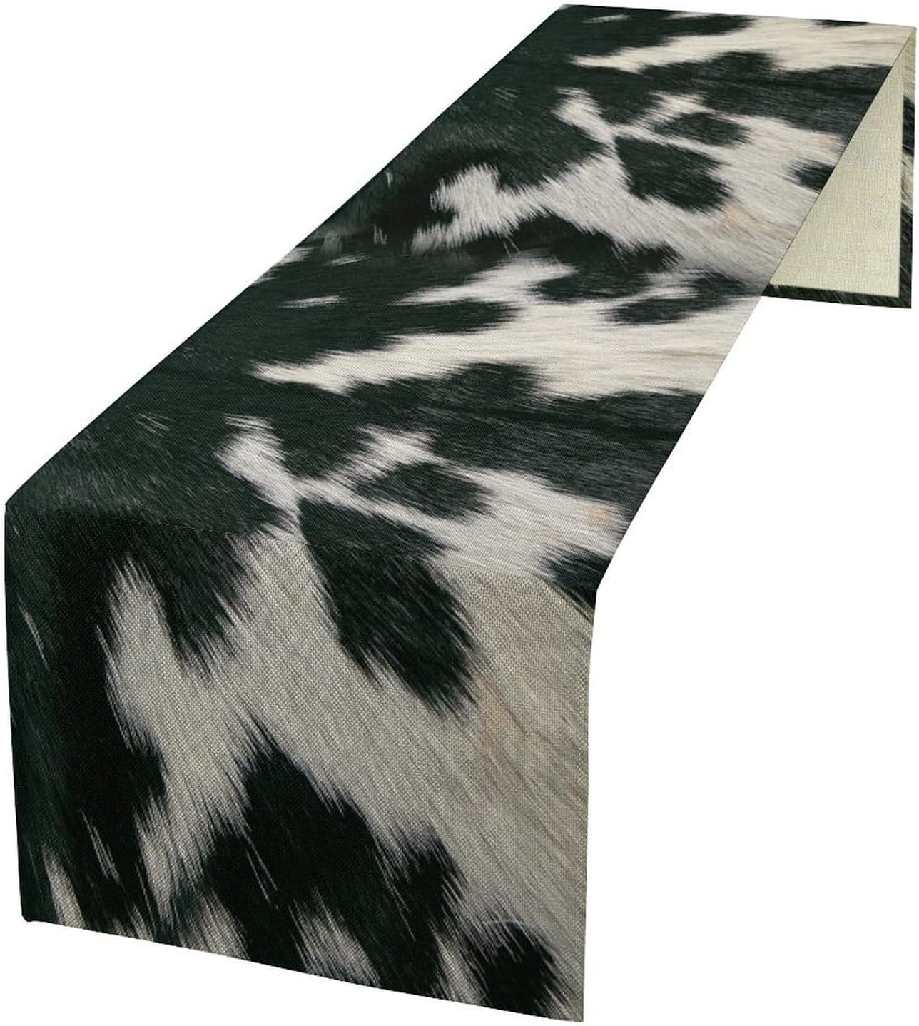 Cow Skin Print Table Runner, Rustic Country Farm Fur Skin Cowhide Pattern Western Style Black White Print Table Runner for Home Kitchen Dinning, 13x70 Inch