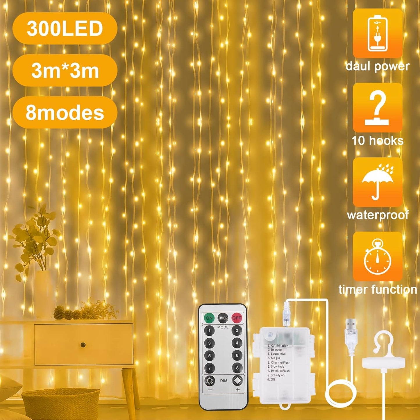AOMIG Fairy Curtain Lights,300 LED Warm White Window Curtain String Light,8 Modes 9.8×9.8Ft Waterproof Curtain String Light USB&Battery Powered with Remote Contro,String Lights for Indoor,Outdoor