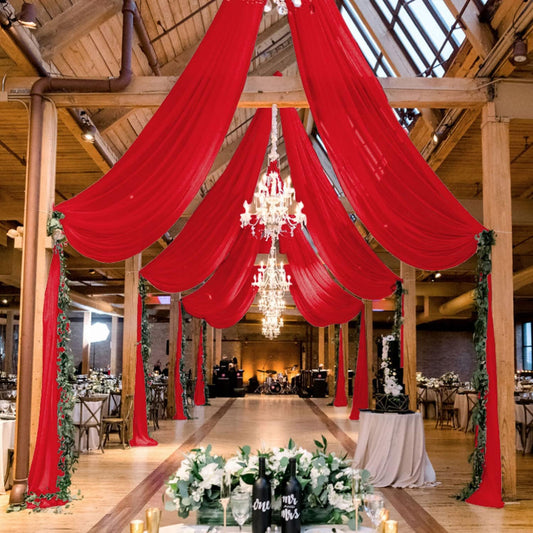 MODFUNS Ceiling Draping Red Ceiling Drapes for Parties 5x30FT 2 Panels Chiffon Sheer Draping Fabric for Wedding Arch Drapery Curtains Tulle Arbor Drapes for Wedding Reception Birthday Curtains