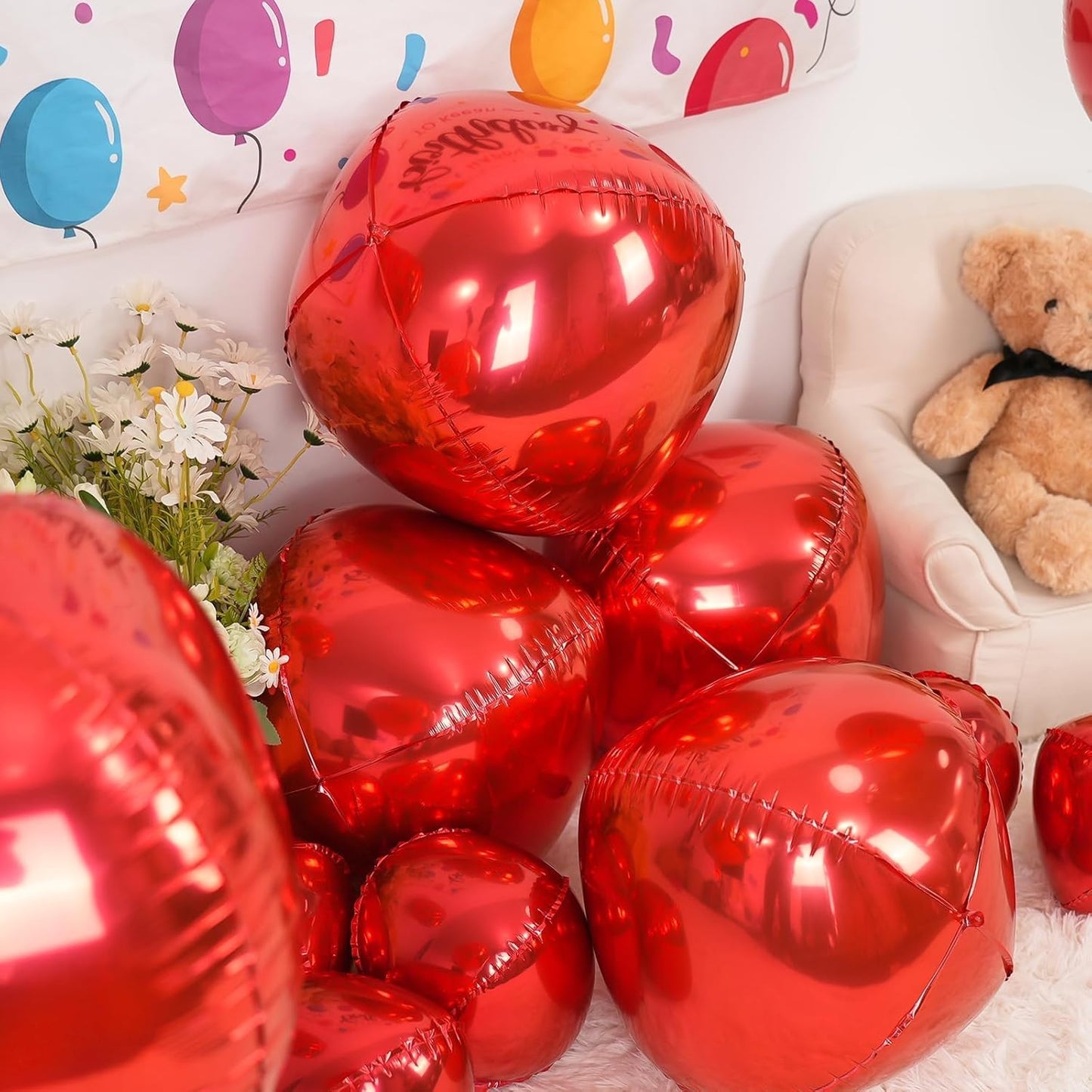 12Pcs Red Round Foil Balloons, 22" 15" 10" 4D Ball Balloons, Metallic Red Foil Balloon for Wedding Birthday Graduation Christmas New Year Party Decoration Supplies Backdrops