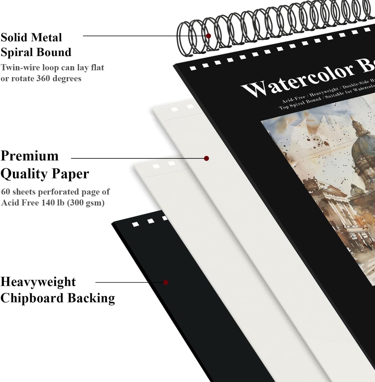Watercolor Sketchbook 10"x12", 32 Sheets (64 Pages) Water Color Paper, 140lb/300gsm Watercolor Paper, Spiral Hardcover Watercolor Notebook for Painting, Water Color Sketch Books for Teens & Adults.