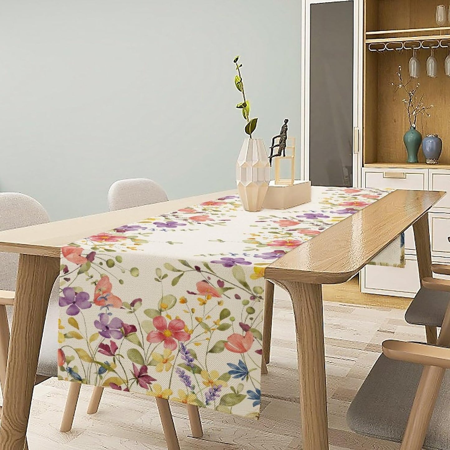 Floral Table Runner,Flowers Plant Print Spring Table Runner for Kitchen Dining Table Decoration for Home Party Decor 13x36 Inch