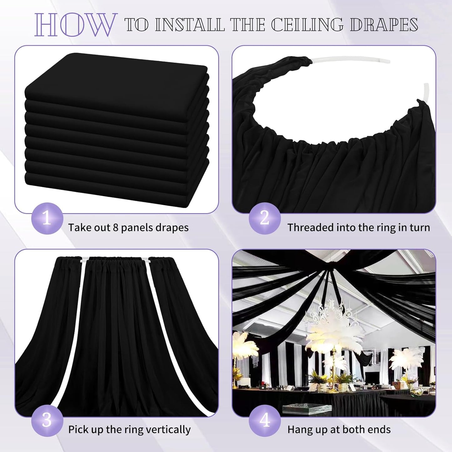 8 Panels Black Ceiling Drapes for Wedding 5ftx20ft Sheer Drapery Chiffon Fabric Arch Draping Curtains for Party Ceremony Birthday Baby Shower Reception Stage Ceiling Decorations