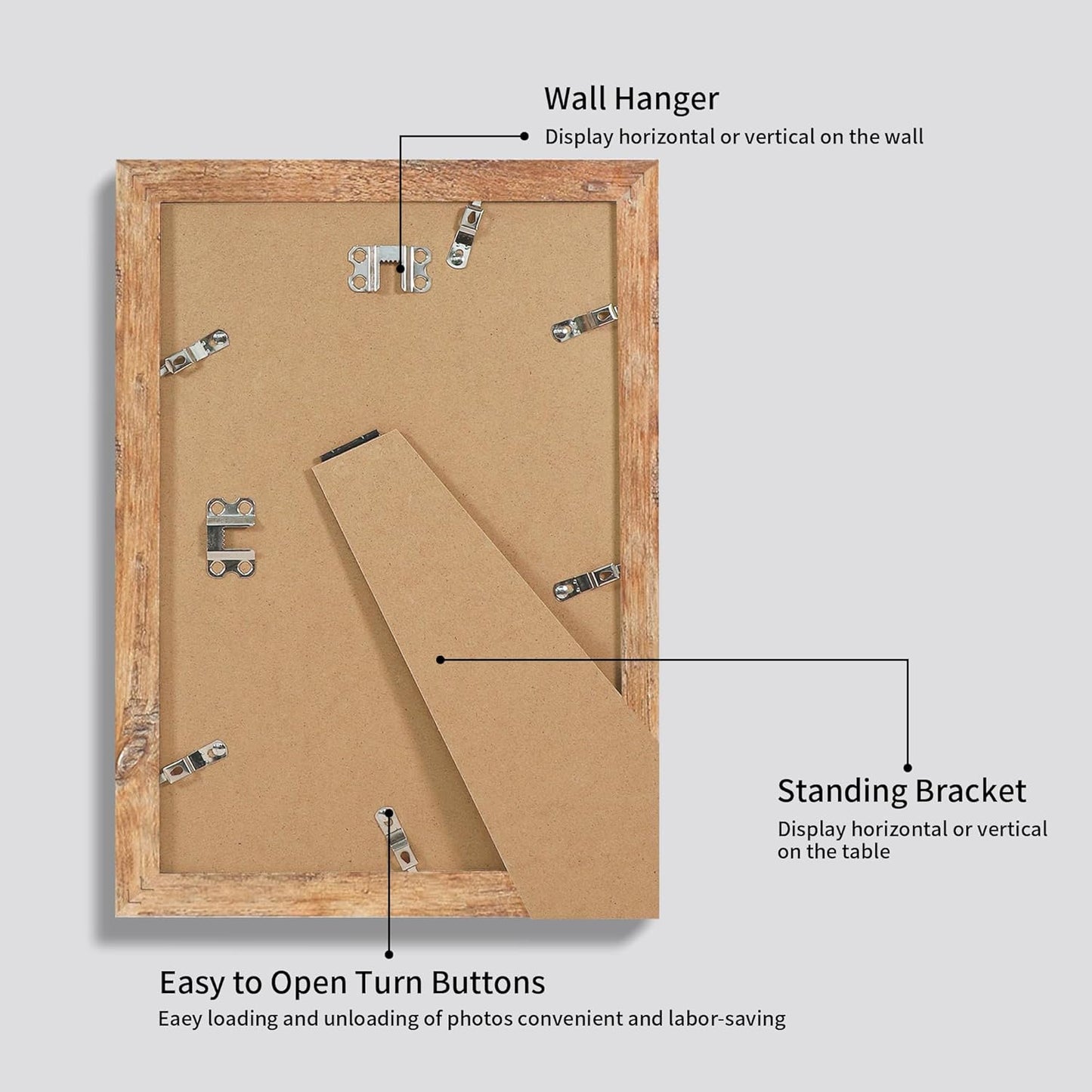 8x12 Picture Frame Set of 4 with High Definition Real Glass, Display 6x8 Pictures with Mat or 8 x 12 Without Mat, Rustic Brown Wood Photo Frames for Tabletop and Wall Mounting