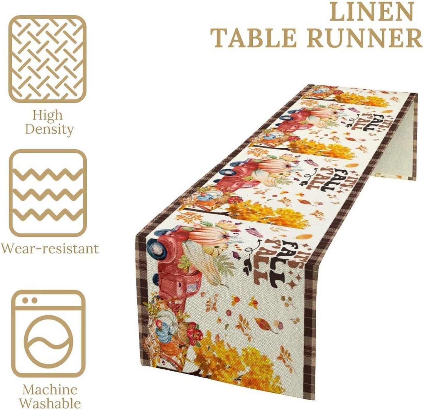 Fall Pumpkin Table Runner,Rustic Maple Yellow Leaf Trees Truncks Brown Plaid Tablecloth Burlap for Hotel Indoors Outdoor Dining Room Kitchen Home Decor,W13X L70 in