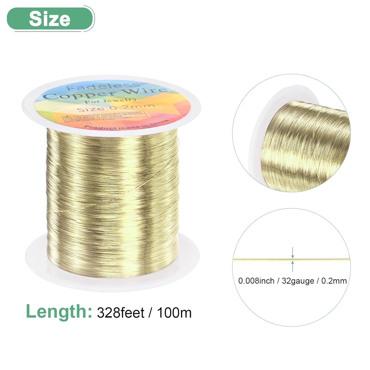 0.2mm Jewelry Wire, 32 Gauge 328FT Craft Wire Copper Beading Wire for Jewelry Making/Planting/Weaving/DIY Crafting, Soft Metal Wires [100M, Light Golden]