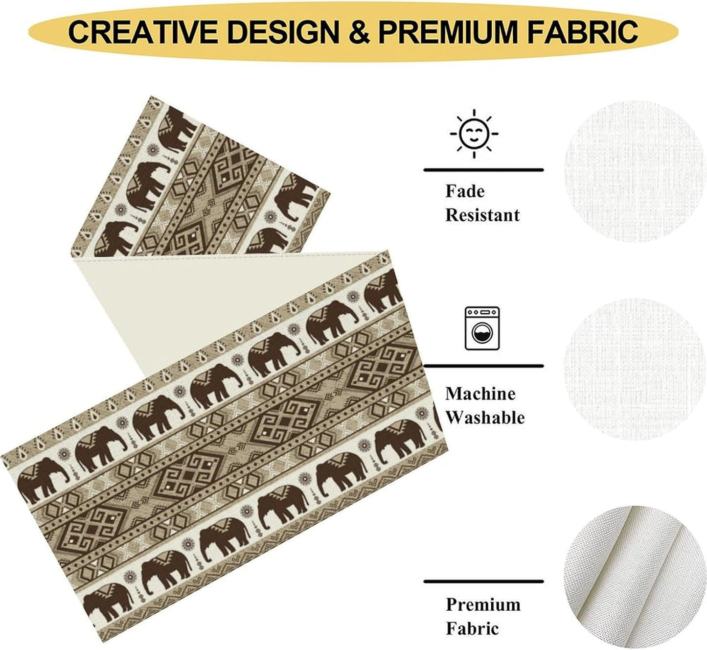 Ethnic Table Runner, Rustic Farmhouse Boho Indian Bohemian Elephant Aztec Tribal Print Beige Table Center Decor for Home Kitchen Dining Patio Holiday Party Indoor Table Decorations, 13"x90" Inch