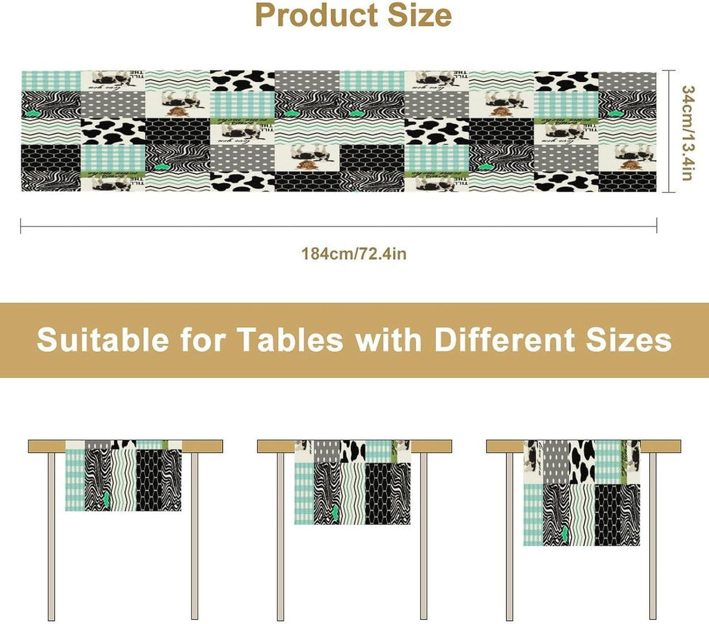 Cute Cow Print Table Runner,Farm Animals Honeycomb Plaid Stripes Cowhide Pattern Tablecloth Burlap for Hotel Indoors Outdoor Dining Room Kitchen Table Decor, 13x36in