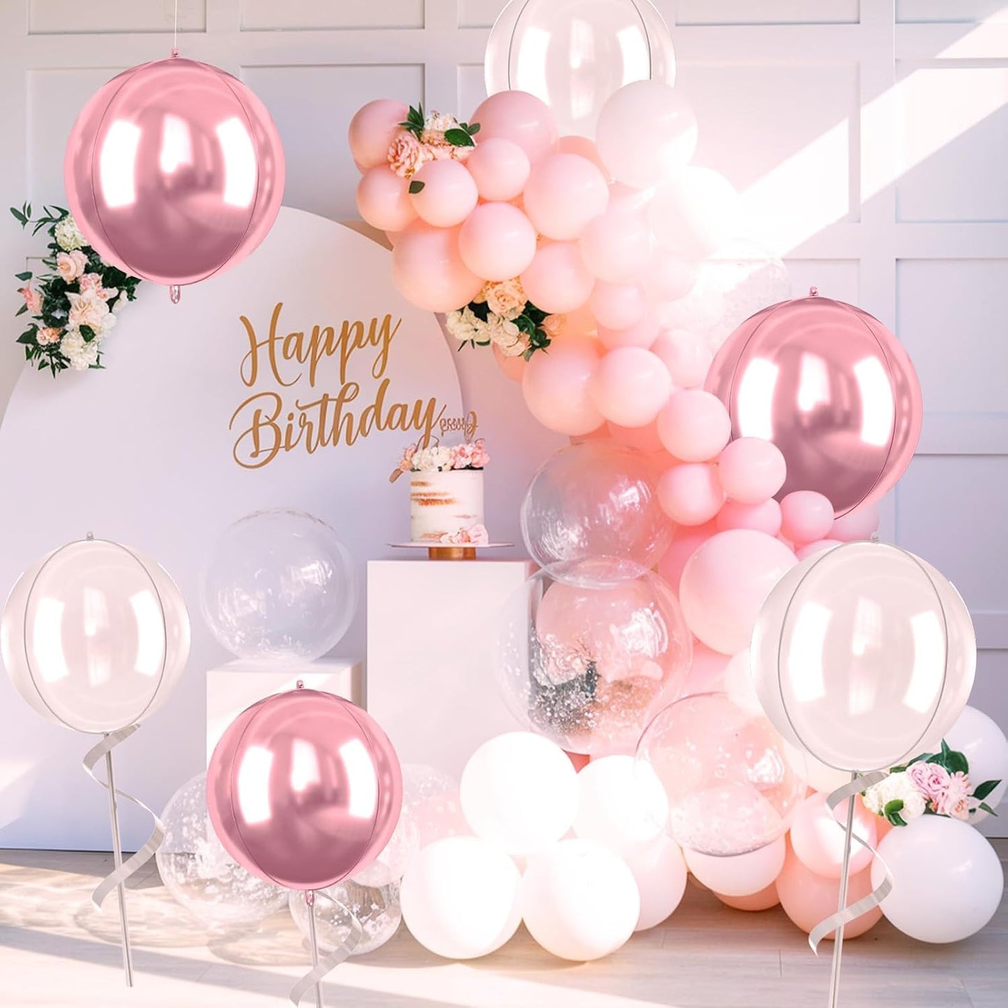Pink White Giant 4D Foil Balloons, 6 Pcs Large Metallic Pink and White Round Balloons, 22 Inch Big Round Foil Balloon for Wedding Prom Birthday Party Baby Shower Decorations