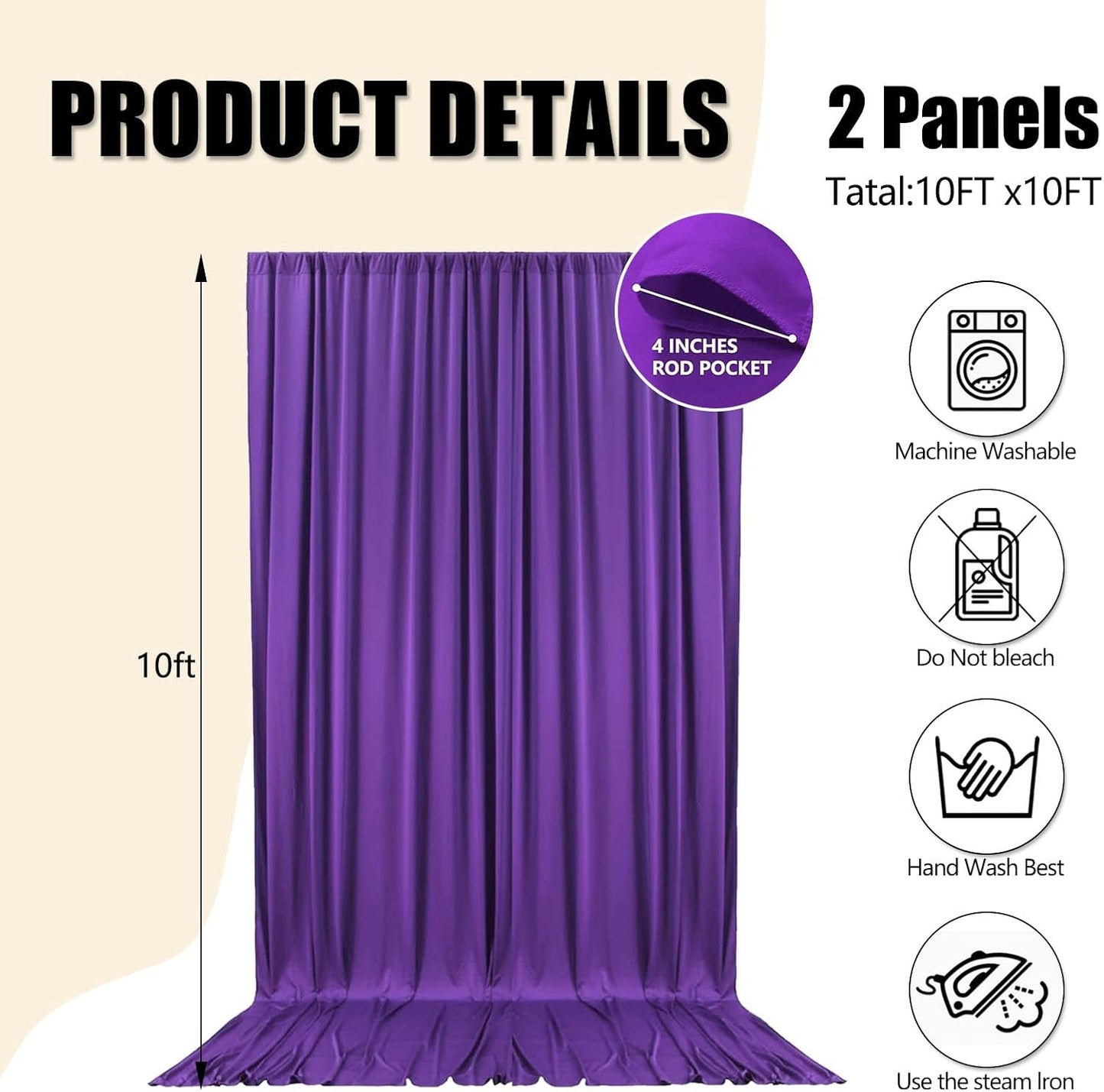 10ft x 10ft Purple Backdrop Curtains for Parties, Fabric Satin Background Curtain with Rod Pockets for Weddings, Birthday, Baby Shower, Photography, Graduation Party Backdrop Drapes, 2 Panels