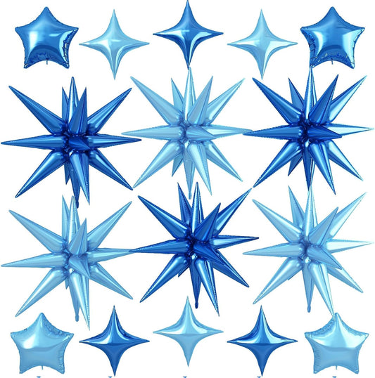 Blue Star Balloon,16Pcs Light Blue Star Foil Balloons Set with 22Inch Explosion Spike Cone Balloons and 10Inch Quadrangle Helium Balloon for Birthday Wedding Baby Shower Party Decorations