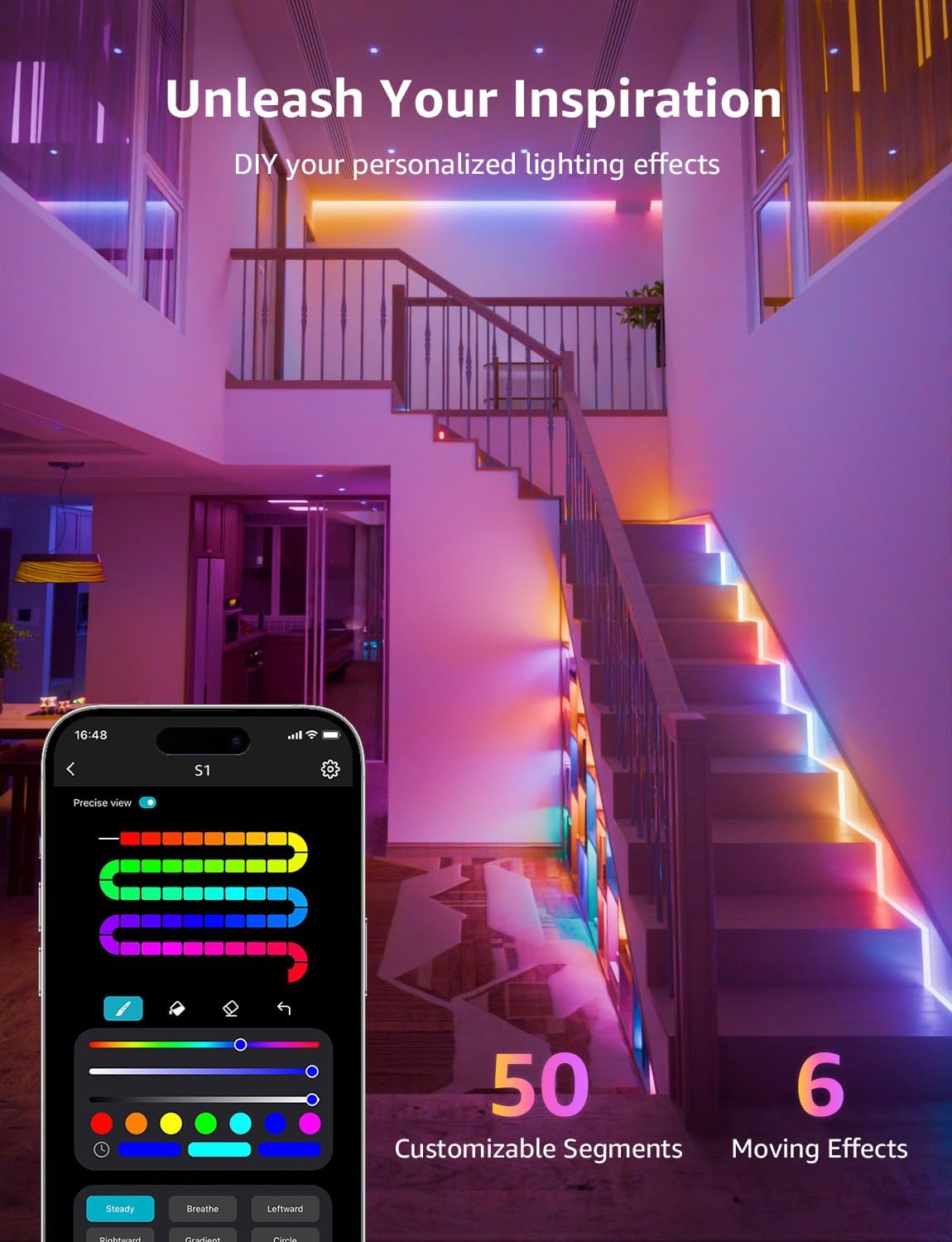 Lepro S1 AI LED Strip Lights for Bedroom - 32.8ft Smart RGB Light Strips with IC and Rainbow Chasing Effects, Color Segment DIY, AI Generated Lighting, No Remote, 2.4G Wi-Fi & Bluetooth