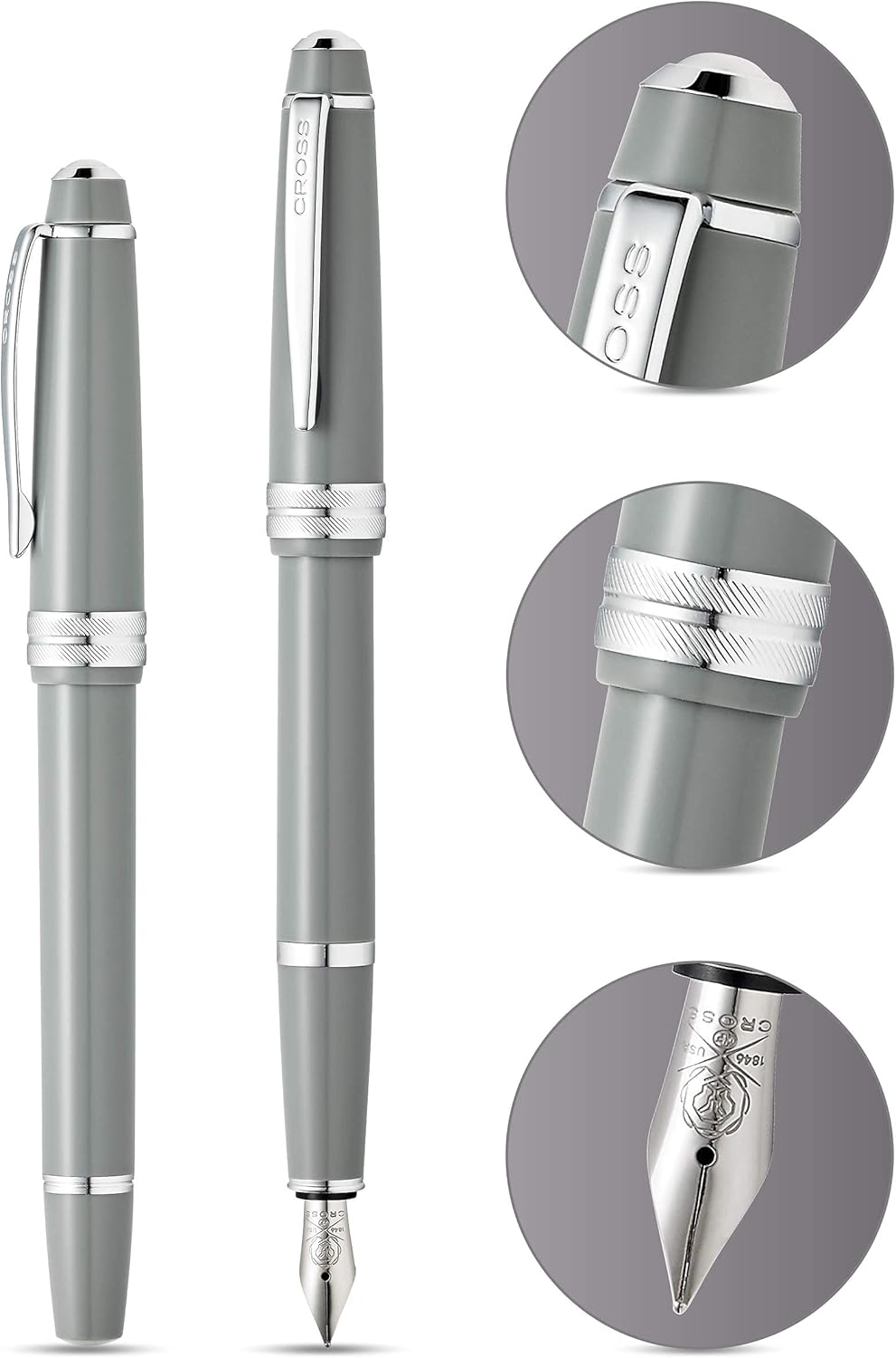 Cross Bailey Light Refillable Fountain Presented in a Everyday Gift Box - Medium Point, Black Ink, Polished Gray