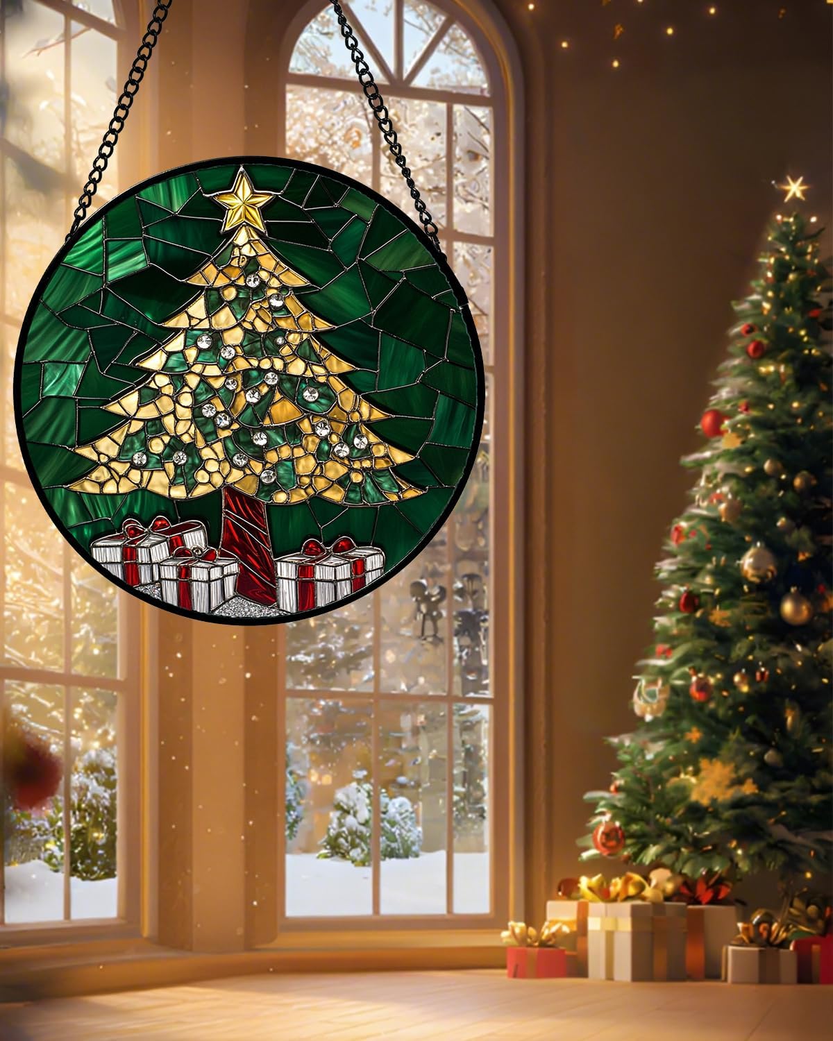 Stained Glass Window Hanging - Golden Christmas Tree Suncatcher for Doors Home Christmas Decoration Winter Sun Catcher Thanksgiving New Year Birthday Gifts for Women Men Mom Nana Girl 9.8 in