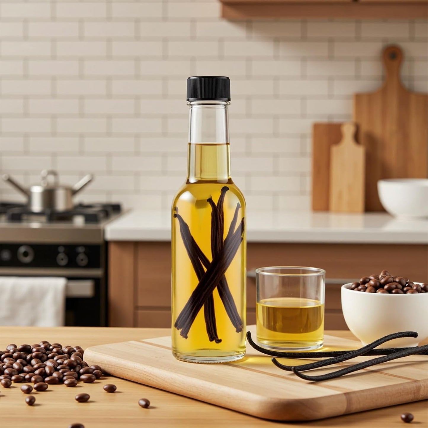 Ahhute Sauce Bottles, 5oz Small Olive Oil Bottles with Shrink Capsules, Mini Vanilla Wine Bottle for Wedding Favors Gifts, Glass Hot Sauce Bottles w/Black Caps and Silicone Funnel, Set of 24