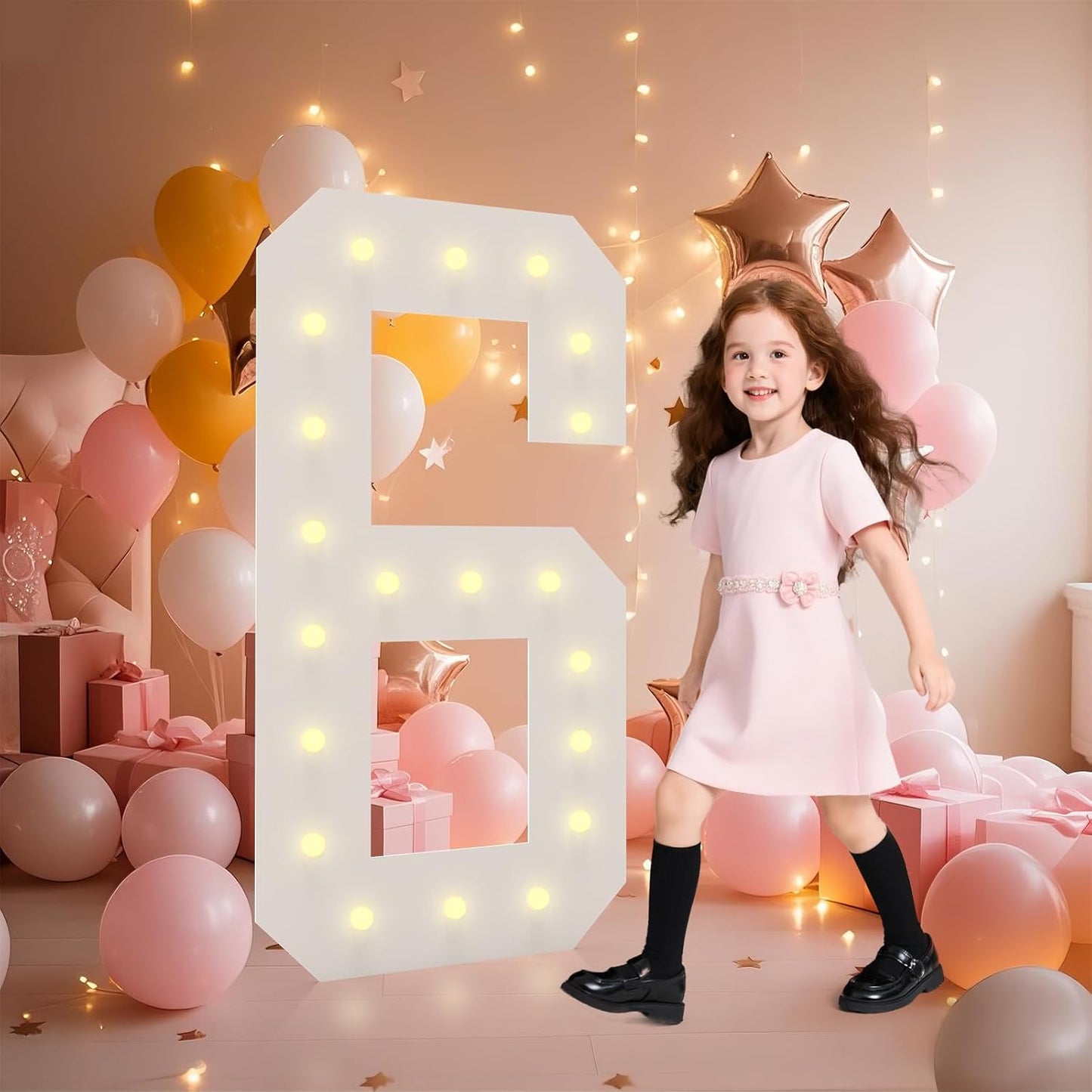 LOBOOM 4FT Light Up Numbers, Marquee Numbers 4 Feet Tall Giant Number 6 Mosaic Big Number Sign for 6th 16th 60th Birthday Party Backdrop Anniversary Decorations, Pre-Cut Large Frame