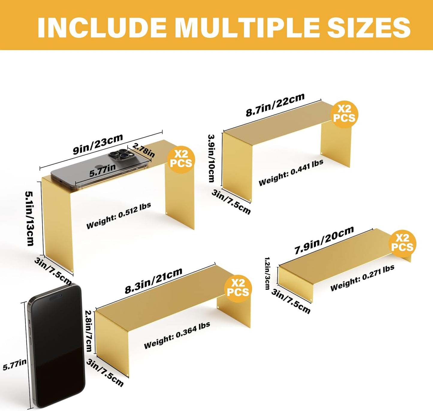 Black Matte Metal Display Stand,8 Pcs 2 Set Display Risers, Metal Rectangular Display Shelf for Showcase, Dessert, Toys, Perfume (8Pcs-Gold, L7''x8''x9)