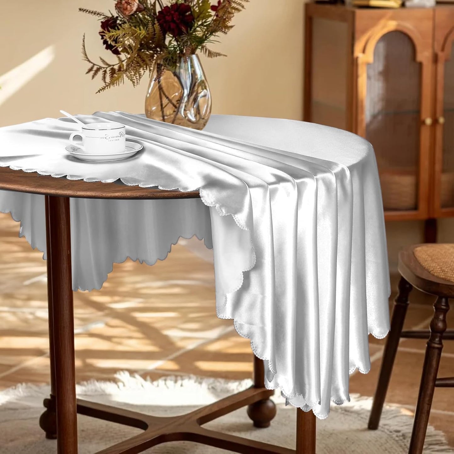 KKJIAF 1 Pack 108 Inch Round Table Cloth, Silver Overlay Round Satin Table Cover, Silky Satin Dining Tablecloths for Wedding Buffet Parties Banquet Decoration