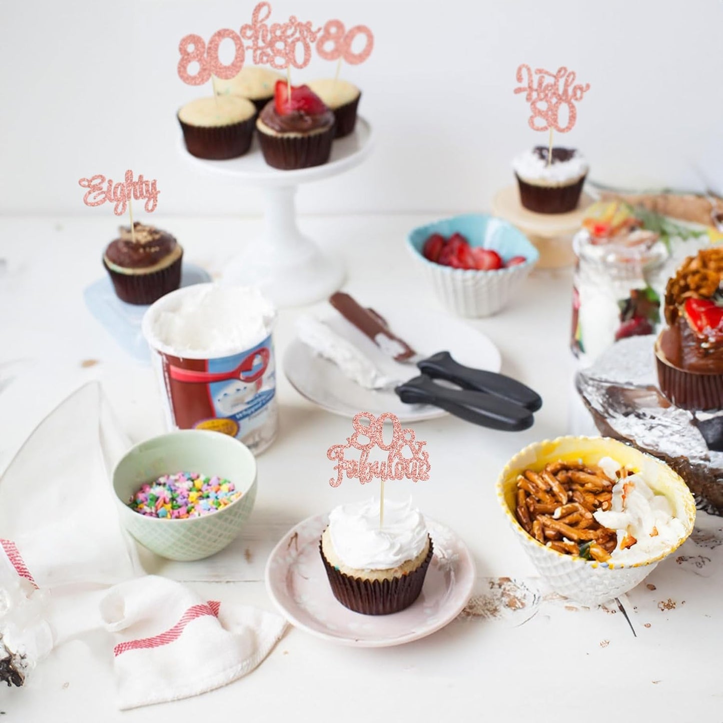 30Pcs Happy 80th Birthday Cupcake Toppers Eighty Cheers to 80 Years Old Birthday Cupcake Picks for Happy 80th Birthday Anniversary Party Cake Decorations Rose Gold Glitter