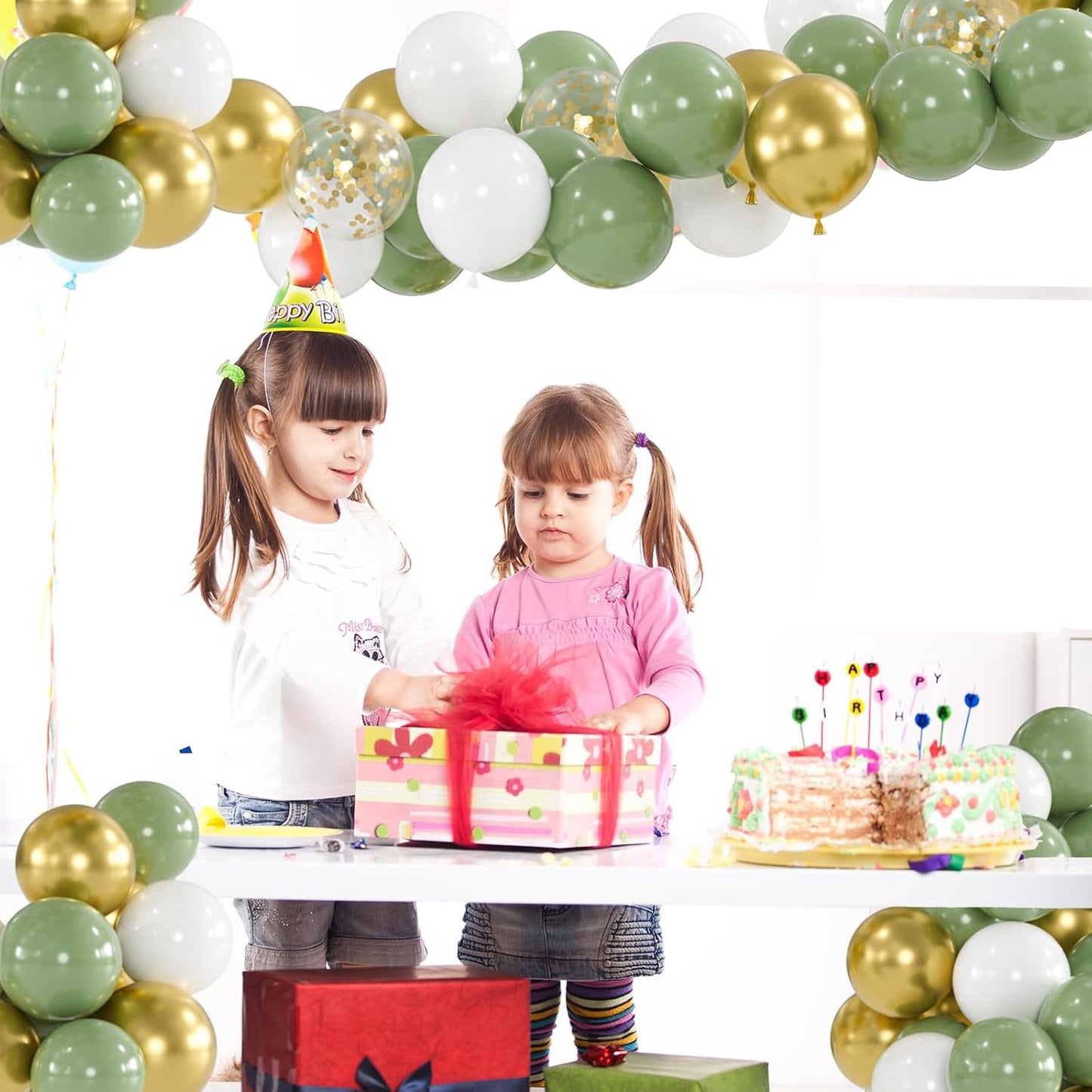 100pcs Sage Green & Gold Balloons Kit - 12 Inch Matte Olive Green, White and Metallic Gold Confetti Balloons for Boho Wedding, Baby Shower, Birthday, Graduation (66ft Ribbons)