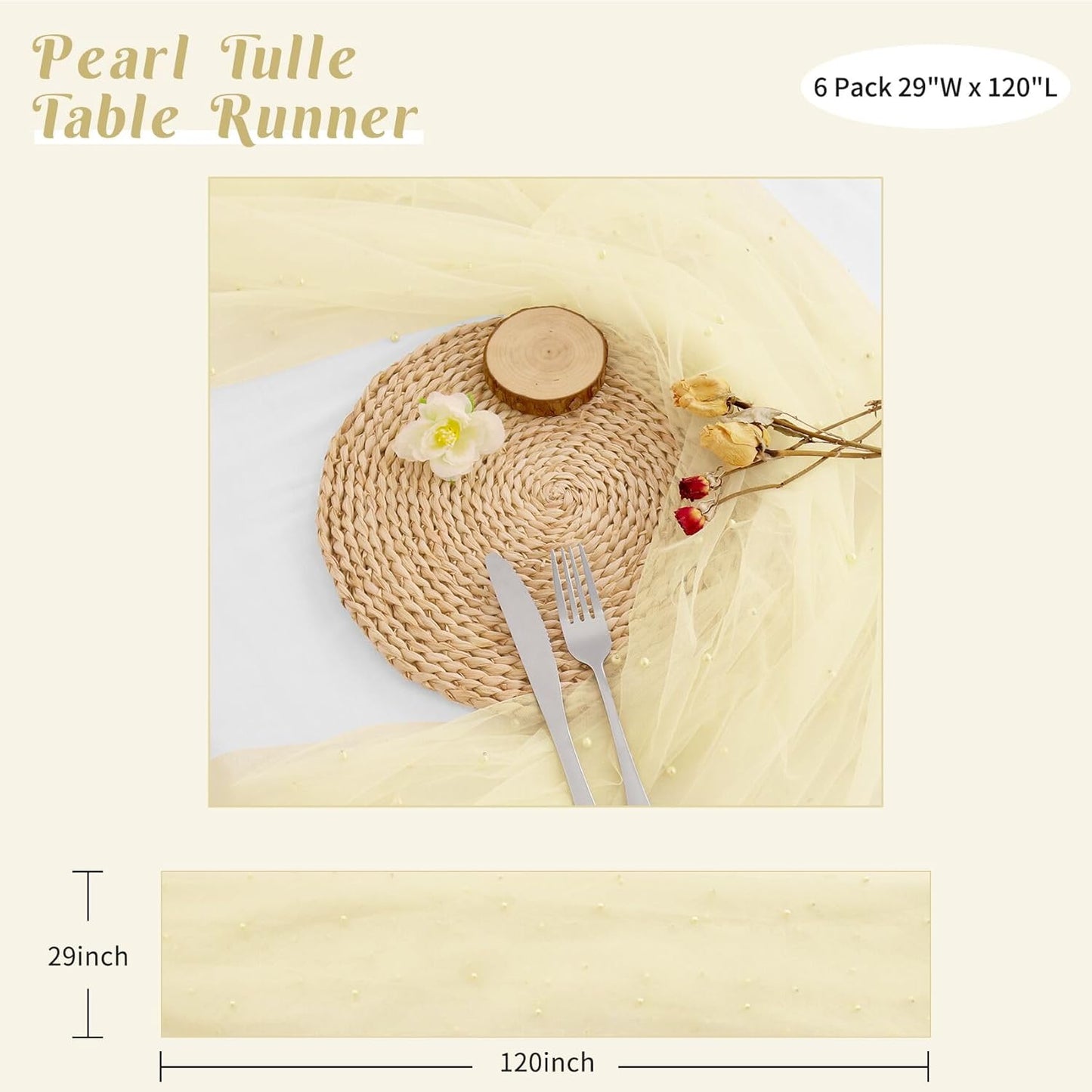 Set of 6 Pearl Table Runner 29 x 120 Inch Tulle Fabric Lace Table Runners Boho Rustic Tablecloth for Bridal Shower Birthday Party Wedding Arch Aisle Veil Dessert Table Decor(Ivory)