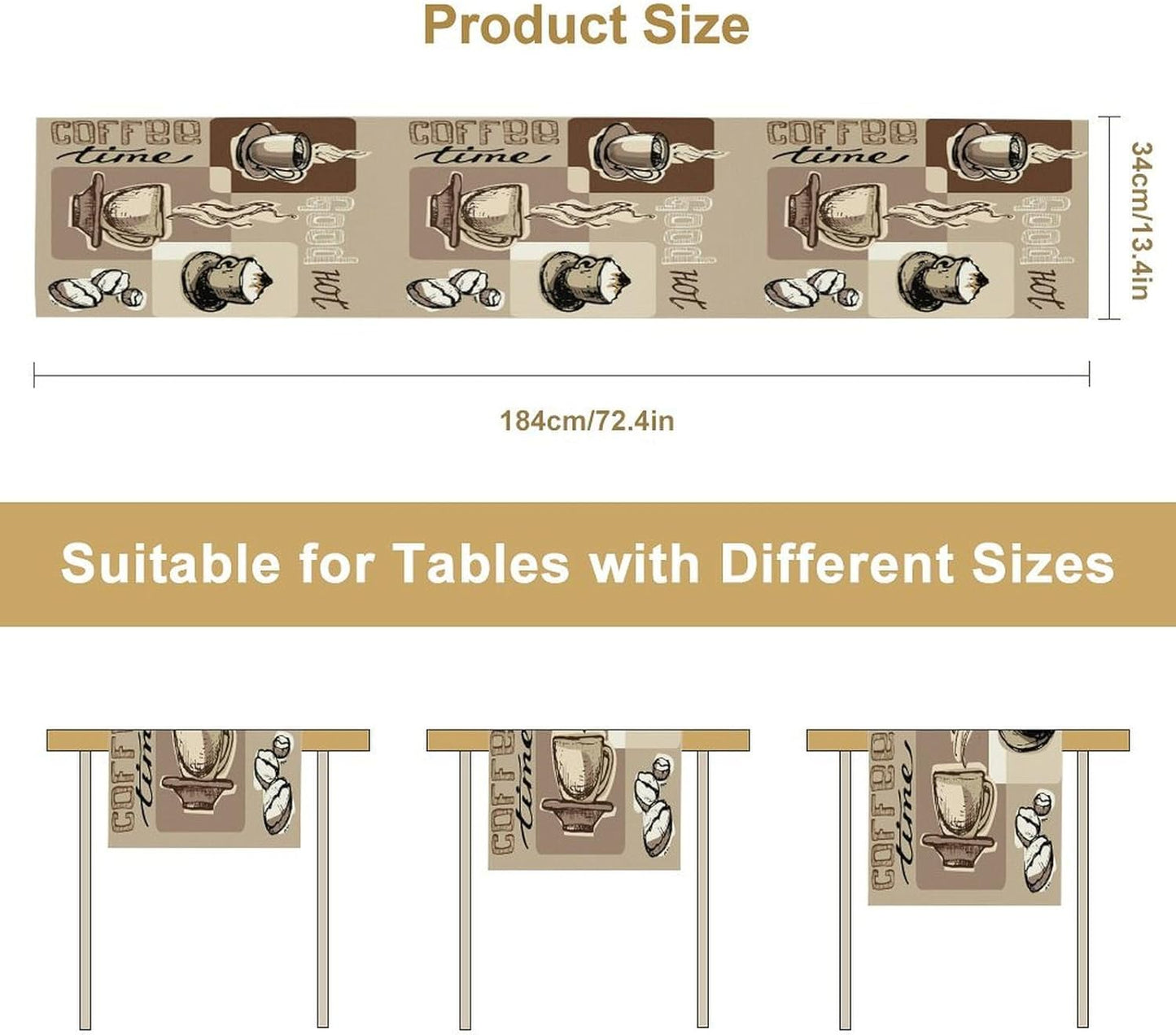 Coffee Table Runner,Vintage Style Coffee Cup Bean Abstract Theme Pattern Print Tablecloth Burlap for Hotel Indoors Outdoor Dining Room Kitchen Table Decor, 13x90in