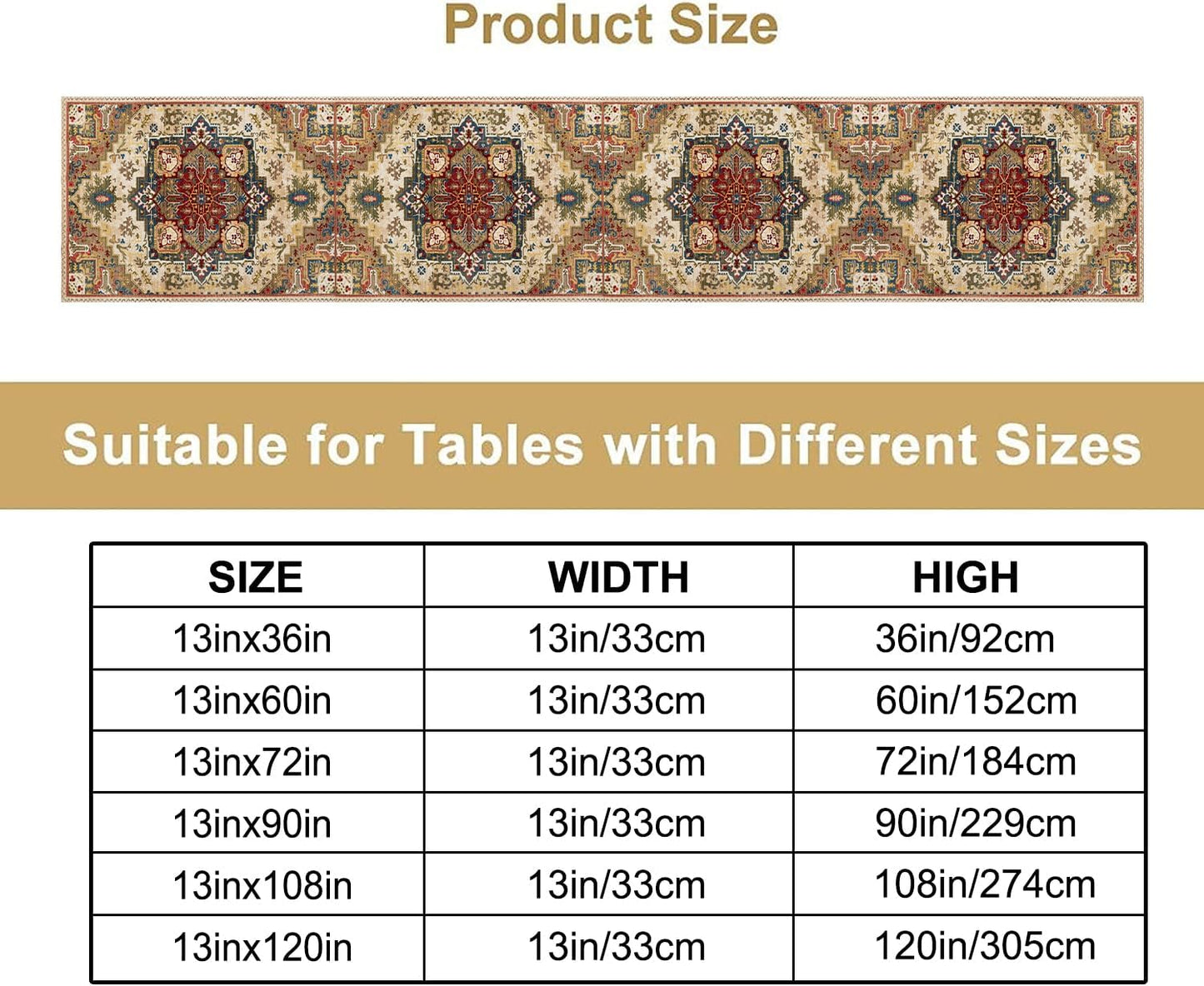 Boho Bohemia Style Table Runner, Vintage Yellow Brown Retro Flower Rustic Country Style Floral Print Pattern for Home Kitchen Table Decor Dining Coffee Room Garden Party Decor 13x60in