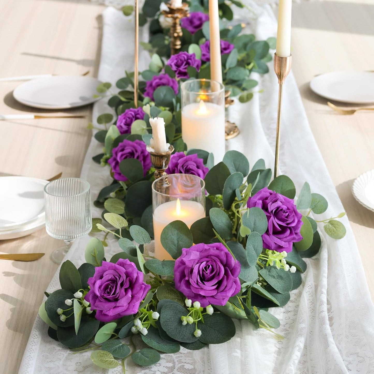 MACTING 6.6FT Flower Garland with Lights - Spring Gypsophila Eucalyptus Garland with 12 Purple Roses Artificial Floral Greenery Vine for Arch Table Centerpieces Backdrop Party Home Wedding Decor