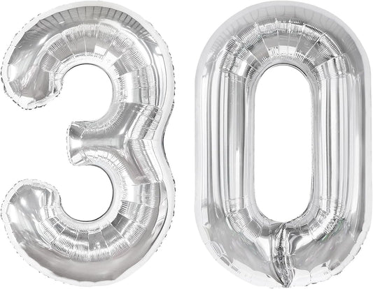 Silver 40 Inch 30 Number Balloons, 30 Decorations for 30 Birthday, Foil Giant Birthday Graduations Anniversary Party Balloons