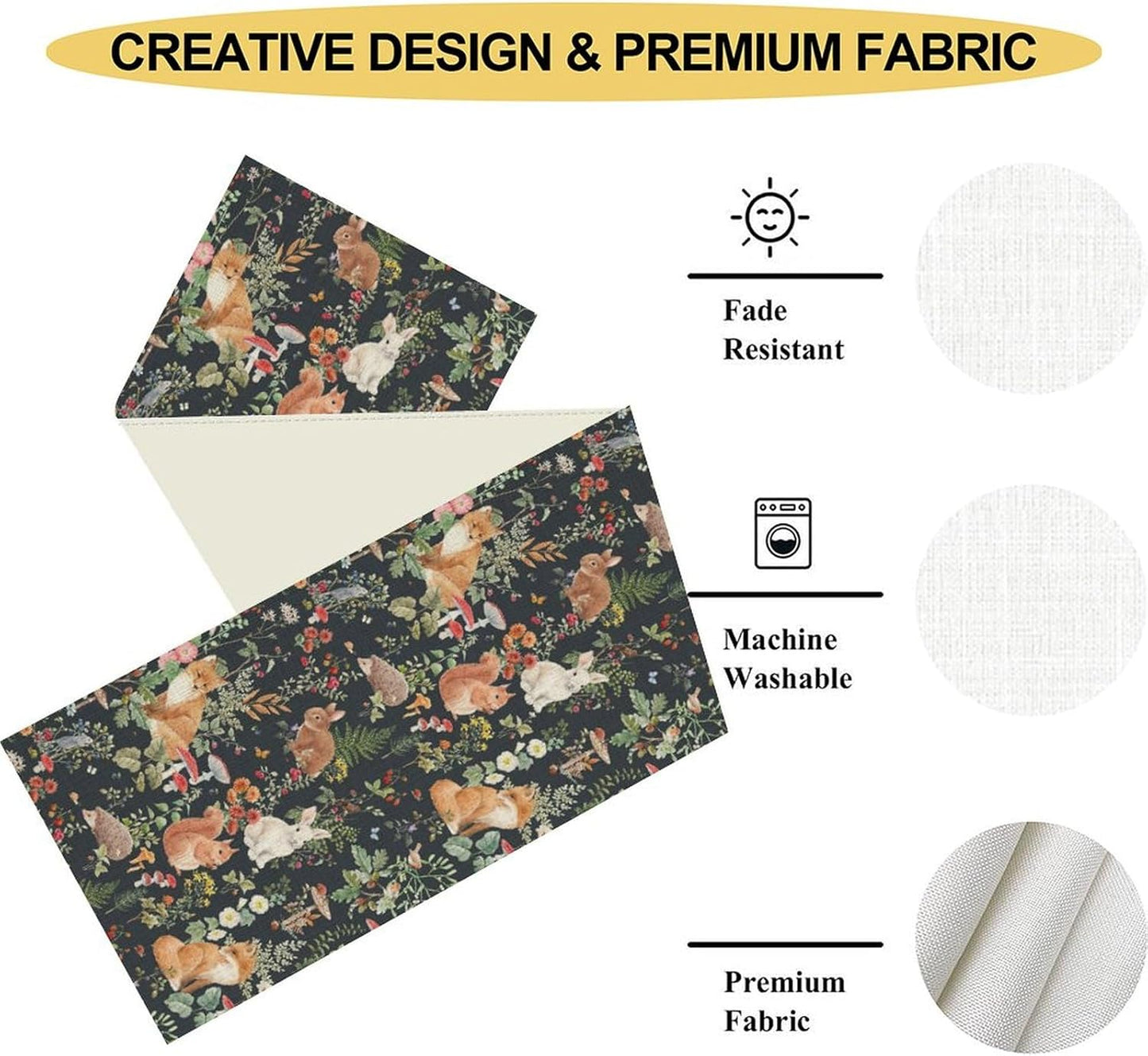 Rustic Forest Table Runner, Farmhouse Wild Woodland Animals Country Fox Rabbits Mushroom Botanical Green Table Center Decor for Home Kitchen Dining Patio Holiday Party, 13"x72" Inch