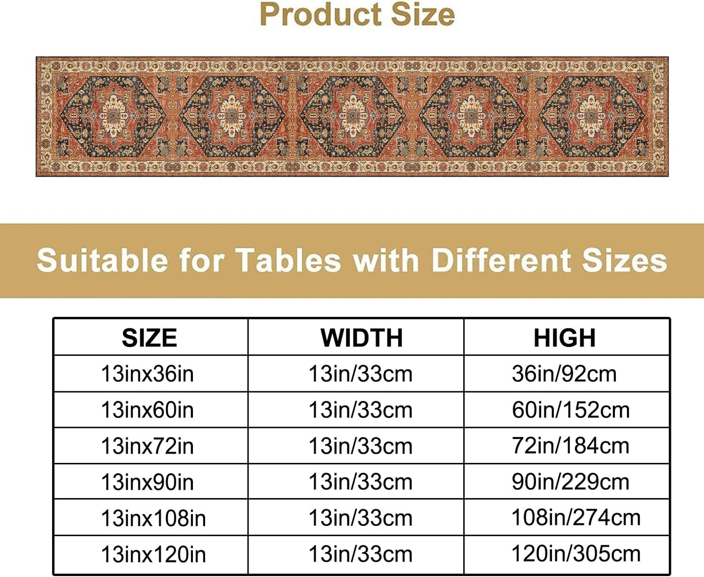 Vintage Boho Floral Table Runner, Rustic Country Farmhouse Orange Black Retro Flower Pattern for Home Kitchen Table Decor Dining Coffee Room Party Decor 13x60in