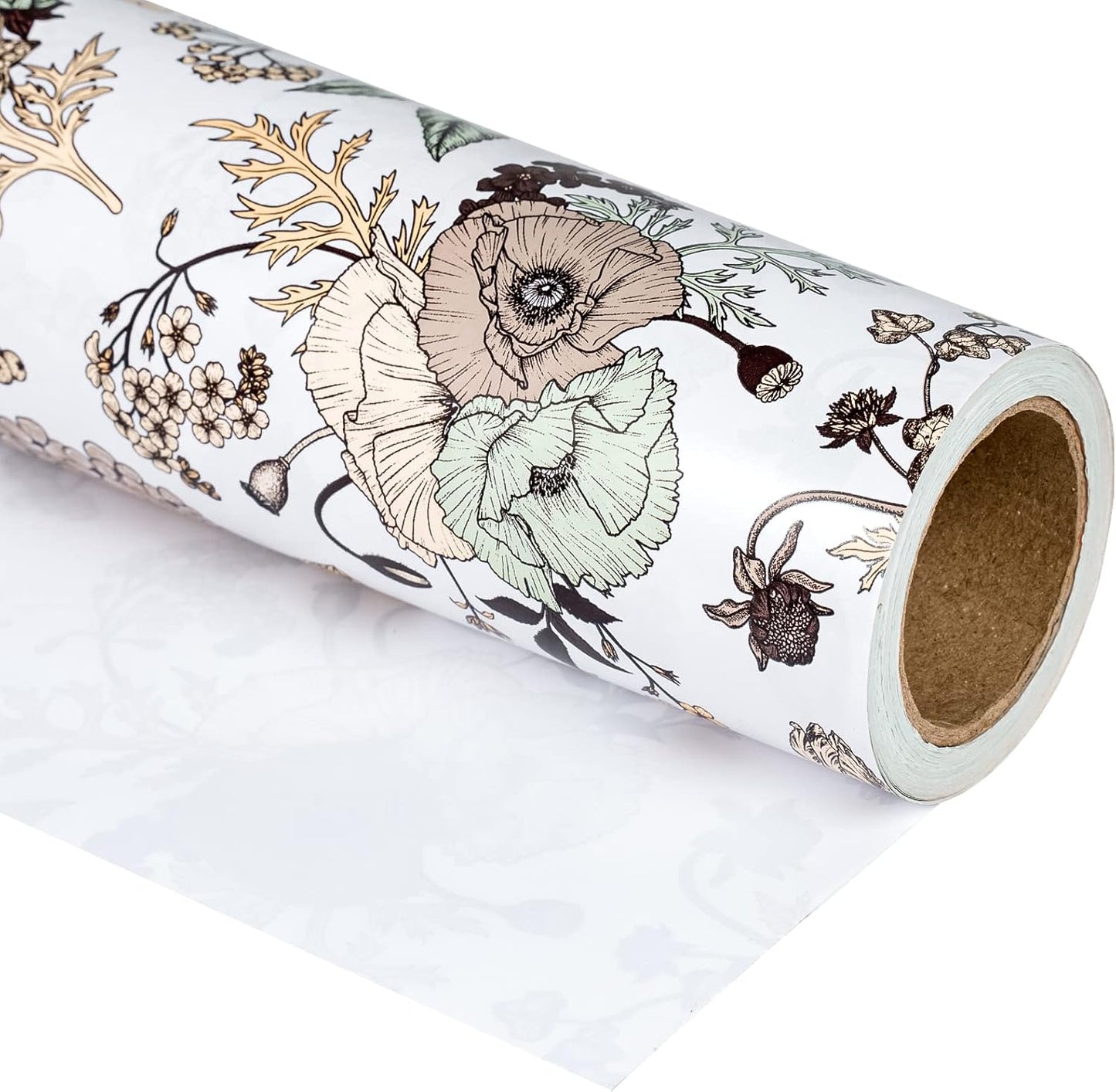 WRAPAHOLIC 30 Inch Jumbo Floral Wrapping Paper - 30 Inch X 33 Feet - Vintage Floral Printed on White Pearlized Paper Design for Wedding, Birthday, Mother's Day