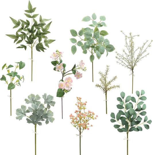 Serra Flora Artificial Greenery Stems Box Set,(Pack of 44pcs) with 9 Kinds of Faux Pink Green Filler for DIY Bridal Bouquets Wedding Floral Arrangement Table Centerpieces