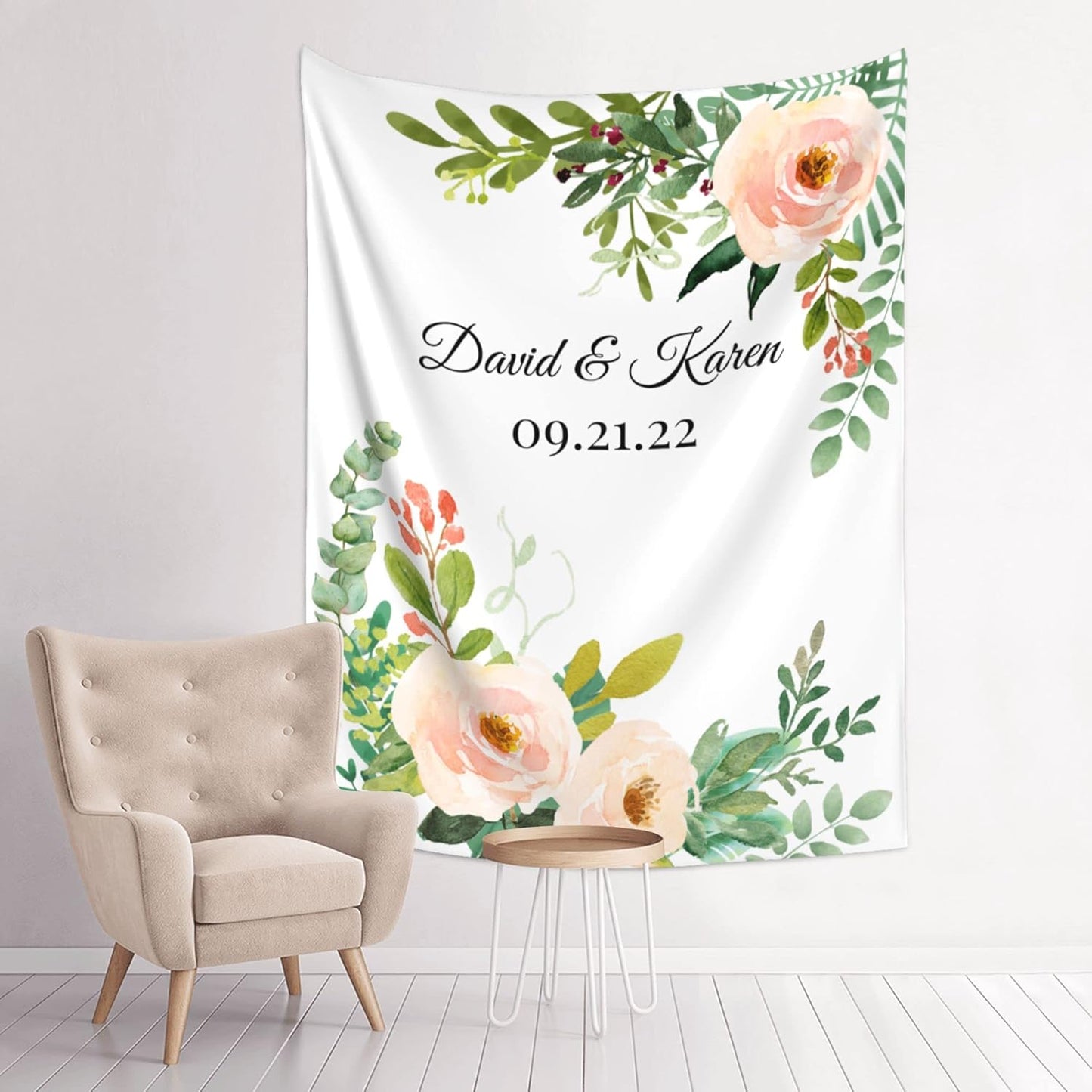Wedding Backdrop for Reception, Custom Tapestry with Names & Date, Personalized Calligraphy Banner Ceremony, Flowers and Leaves Deisgn, Arch Decor One Size