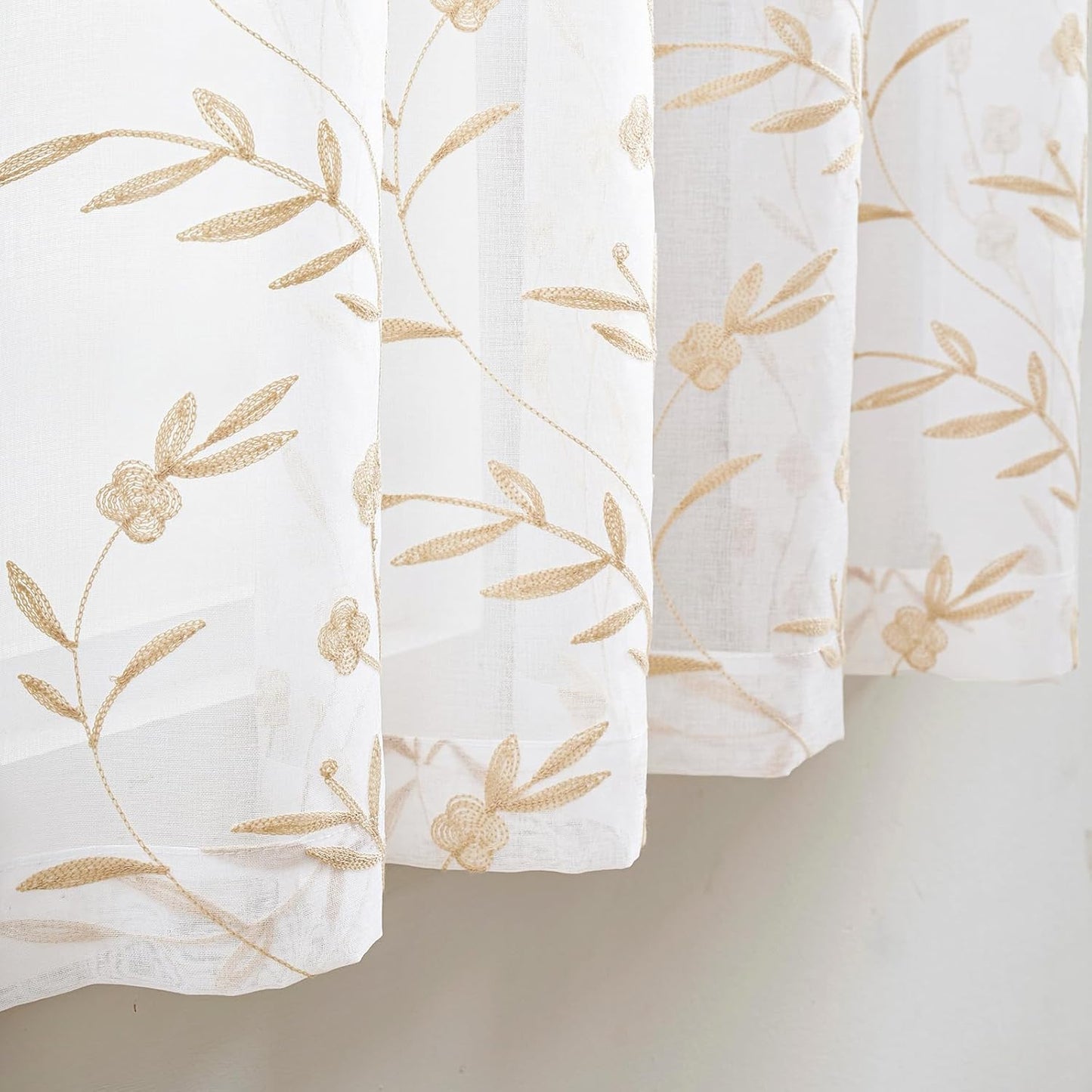 Sheer Curtains Embroidery 63 Inch Length White-Beige Rod Pocket Voile Drapes for Living room, Bedroom, Window Treatments Semi Flower Pattern Curtain Panels for Yard, Farmhouse, Set of 2, 52"x 63".