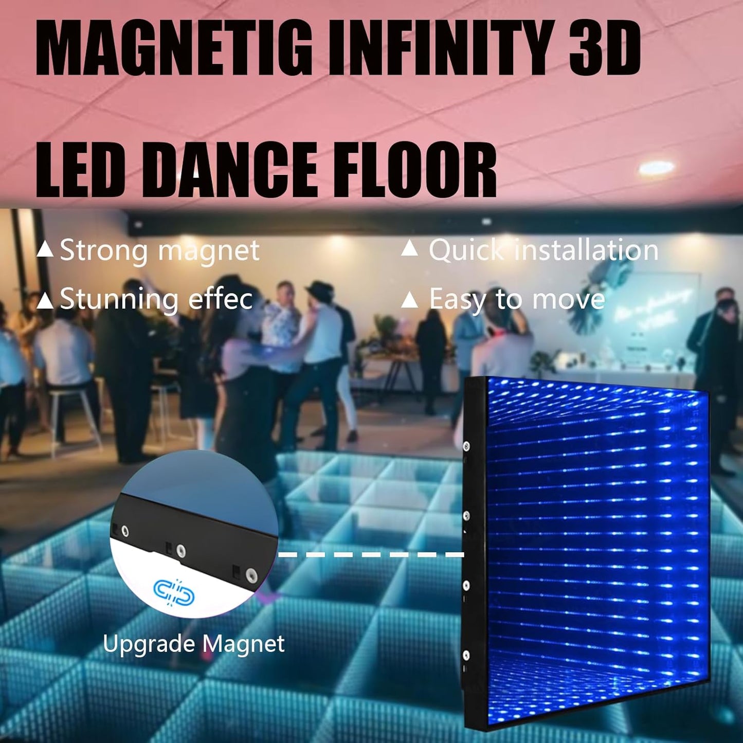Dance Floor Stage Lights Tempered Glass Infinity Mirror Panel 3D Effect Led Dance Floor for Wedding Party Customizable (3D-Magnetic, 64PCS(13.1fFTX13.1FT))