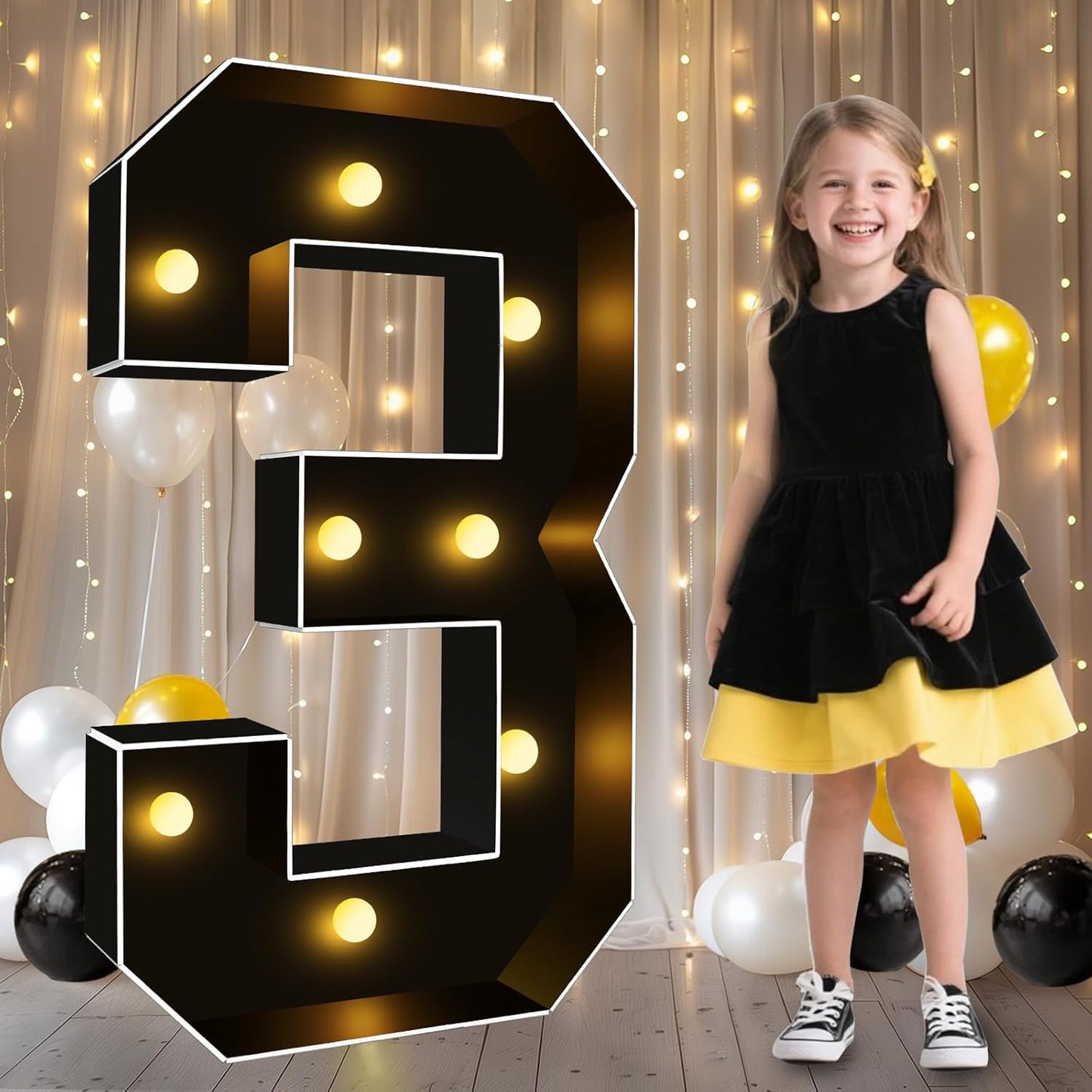 Pooqla 3FT Marquee Light Up Numbers, Black Lighted Party Decor for her him Women Men, Giant Mosaic Light Up Numbers for 3rd 13th 30th Birthday Anniversary Decoration, Number 3