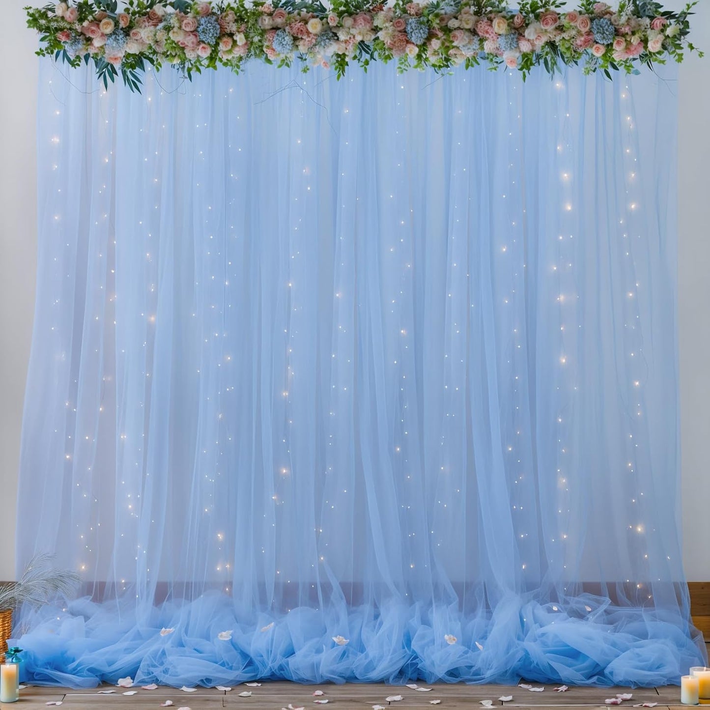 10x10ft Baby Blue Tulle Backdrop Curtains with Lights for Party Wedding Baby Shower, Sheer Wrinkle Free Backdrop Curtains for Birthday Party Photo Booth Background Decoration