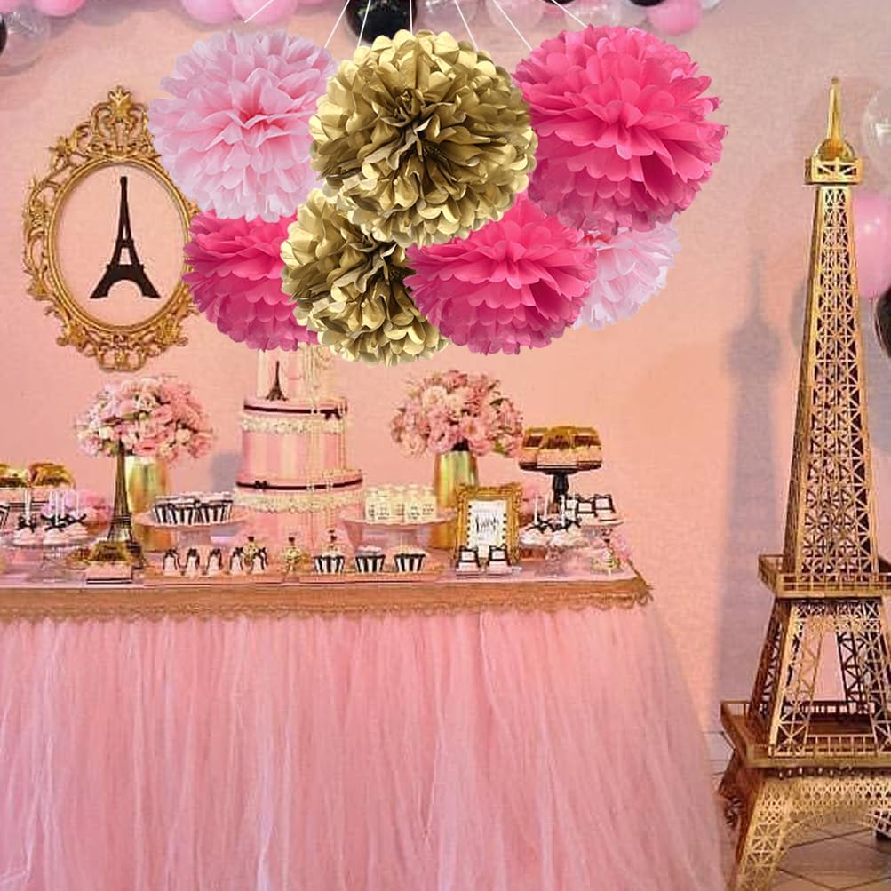 Gold Hot Pink and Pink Paper Flower Tissue Pom Poms for Baby Shower Bridal Engagement Bachelor Birthday Valentine's Day Theme Party, 12pc